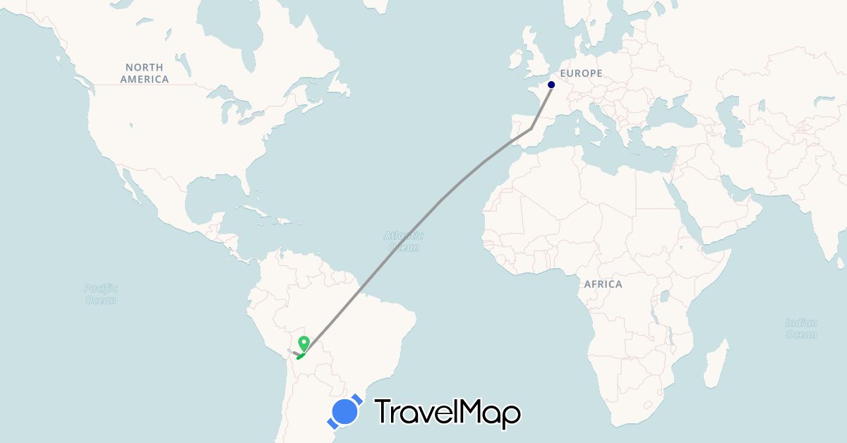 TravelMap itinerary: driving, bus, plane, hiking in Bolivia, Spain, France (Europe, South America)